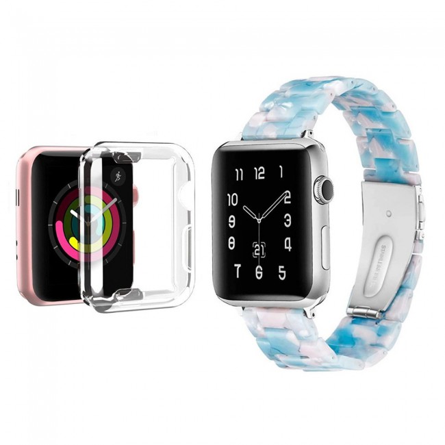2Pack Apple Watch Band Resin Strap with TPU Protective Cover 44mm by Margoun - Marble White Blue