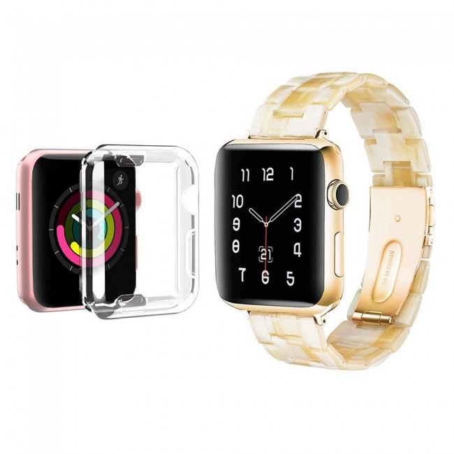 2Pack Apple Watch Band Resin Strap with TPU Protective Cover 44mm by Margoun - Marble White Yellow