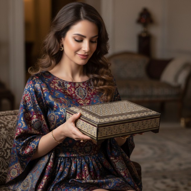 MARGOUN Handmade Khatamkari Inlaid Wooden Jewelry Box, Decorative Keepsake Box, Authentic Middle Eastern Marquetry Art, 22x14x6 cm