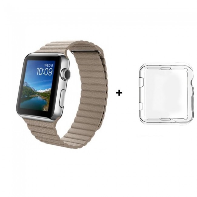 Margoun Leather Loop Apple Watch Band with Adjustable Magnetic Closure in White, Along with a Protective TPU Case - 42/44