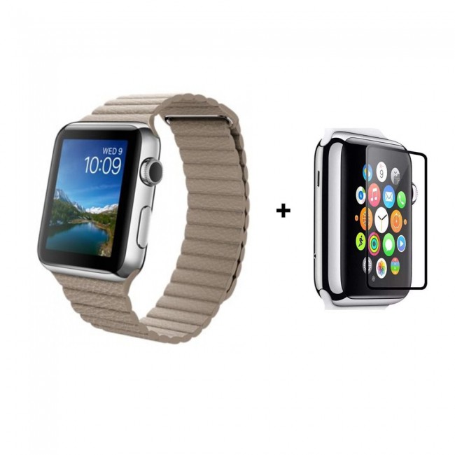 Margoun Leather Loop Band with Adjustable Magnetic Closure Along with a Glass Screen Protector for Apple Watch – In 7 Colors – 38/40/42/44mm