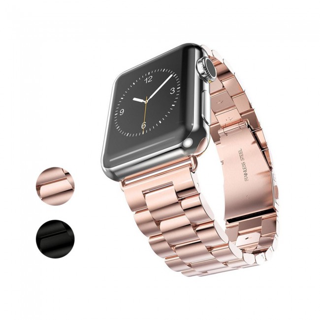 Apple Watch Band 42-44-45mm Buckle Stainless Steel Strap - 2-Pack Black Rose Gold