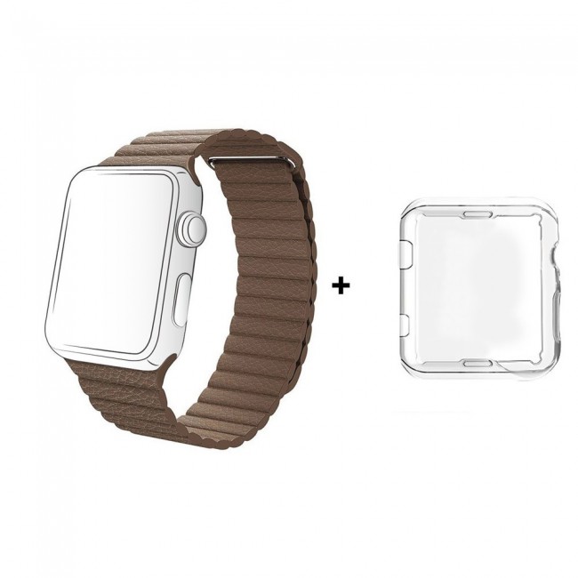 Margoun Leather Loop Apple Watch Band with Adjustable Magnetic Closure in White, Along with a Protective TPU Case - 42/44