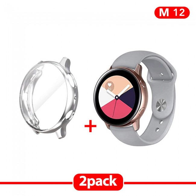 2Pack Galaxy Watch Active and Active 2 Soft Silicone Band 20mm with Silver TPU Case Cover 44mm - All Colors