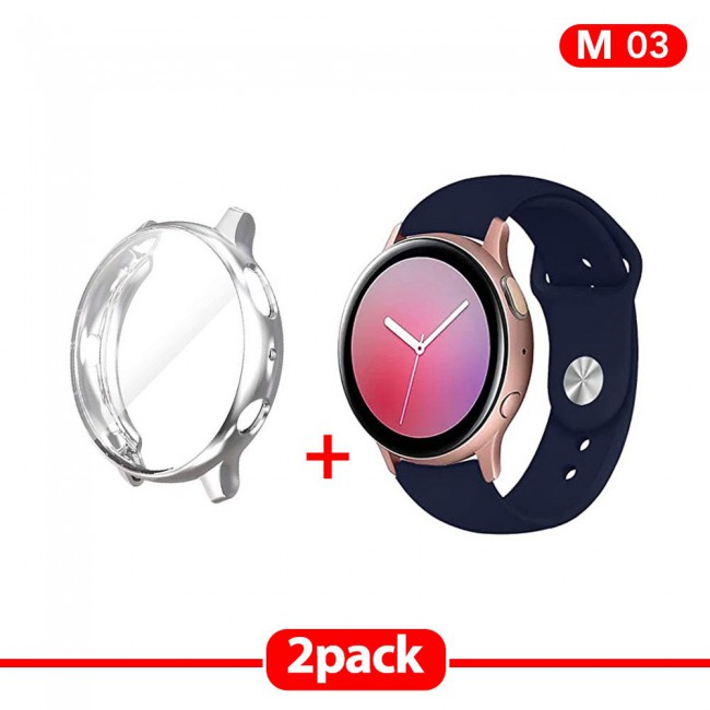 2Pack Galaxy Watch Active and Active 2 Soft Silicone Band 20mm with Silver TPU Case Cover 44mm - All Colors