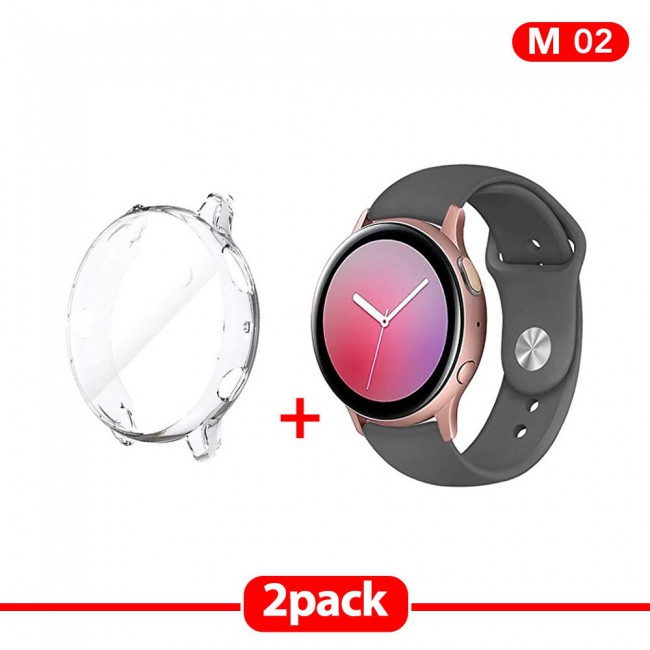 2Pack Galaxy Watch Active and Active 2 Soft Silicone Band 20mm with Clear TPU Case Cover 44mm - All Colors