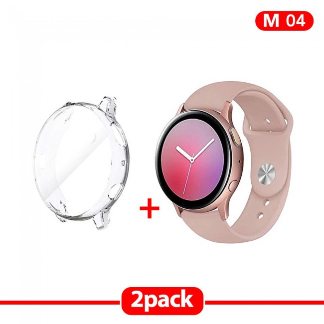 2Pack Galaxy Watch Active and Active 2 Soft Silicone Band 20mm with Clear TPU Case Cover 44mm - All Colors