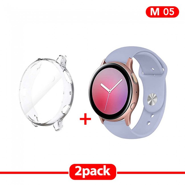 2Pack Galaxy Watch Active and Active 2 Soft Silicone Band 20mm with Clear TPU Case Cover 44mm - All Colors