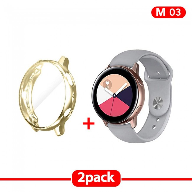 2Pack Galaxy Watch Active and Active 2 Soft Silicone Band 20mm with Gold TPU Case Cover 44mm - All Colors