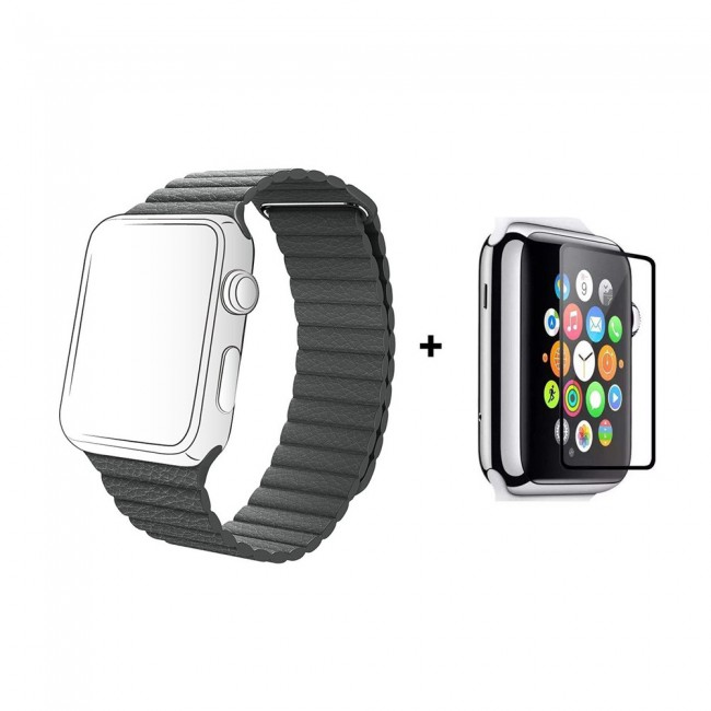 Margoun Leather Loop Band with Adjustable Magnetic Closure Along with a Glass Screen Protector for Apple Watch – In 7 Colors – 38/40/42/44mm