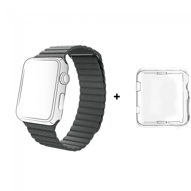 Margoun Leather Loop Apple Watch Band with Adjustable Magnetic Closure in White, Along with a Protective TPU Case - 42/44