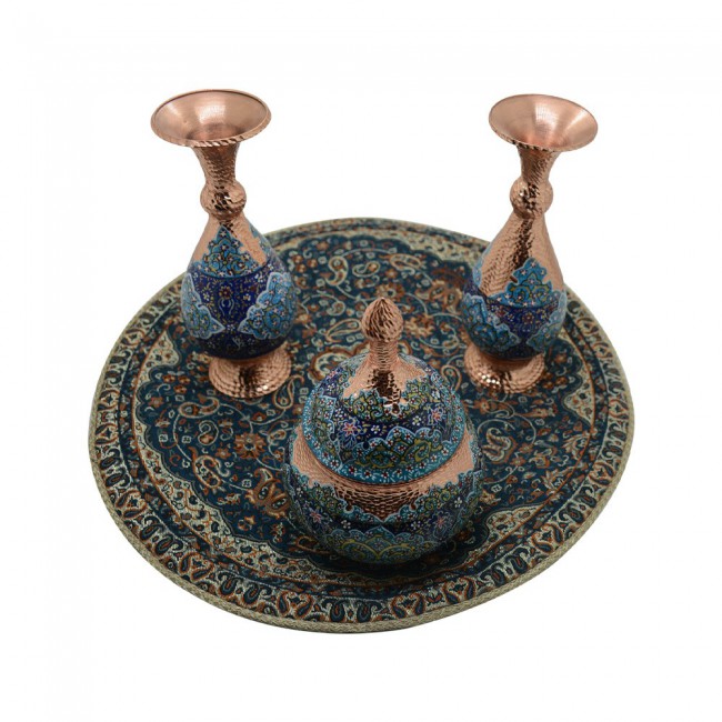 Persian Handmade Enamel Copper Vases and Candy Bowl with Diamond-Cut Design by Margoun