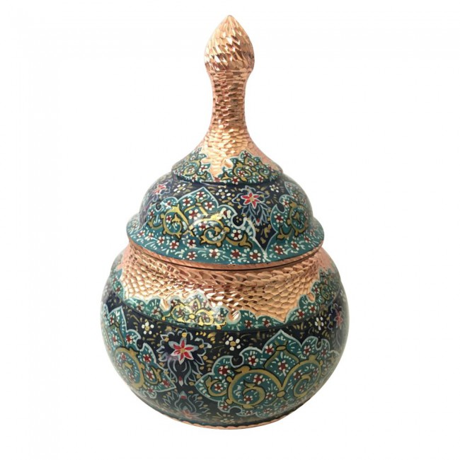 Persian Handmade Enamel Copper Vases and Candy Bowl with Diamond-Cut Design by Margoun