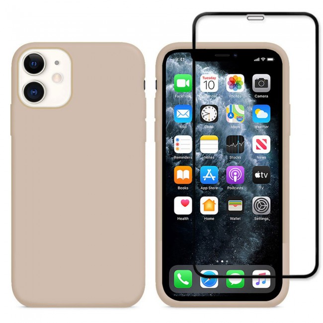 Margoun 2Pack Apple iPhone 12 Silicone Case Cover and 3D Screen Protector - Beige