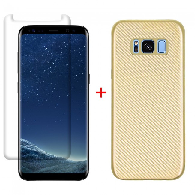 Margoun 2-Pack Carbon Fiber Case Cover with Screen Protector for Samsung Galaxay S8 - Gold