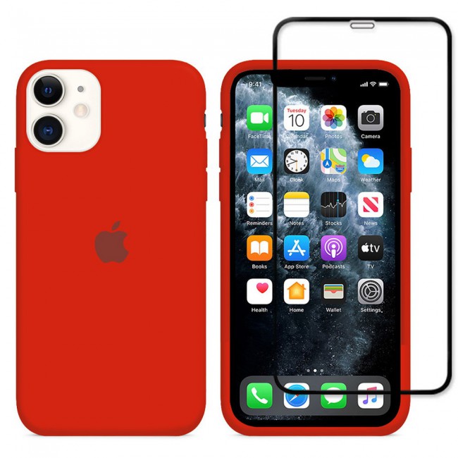 2Pack Margoun Silicone Case Cover with 3D Screen Protector for iPhone 12 - Red