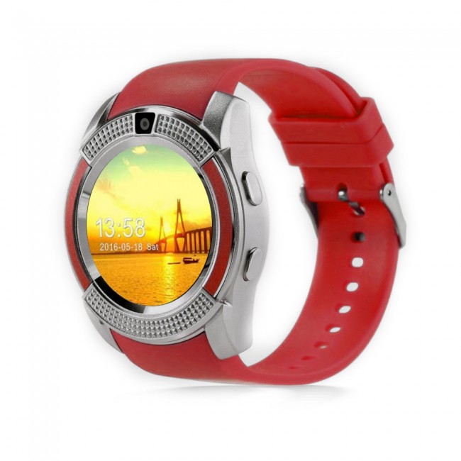 Margoun Smart Berry V8 Smart Watch with Heart Rate and Built in Sim Card Slot - Red and Silver