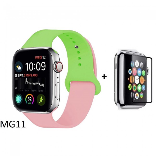 Margoun Soft Silicone 2-Color Apple Watch Band, Bracelet Wrist Belt Watchband for iWatch Series 1/2/3/4 with a Glass Screen Protector in 20 Color Codes – 42/44mm
