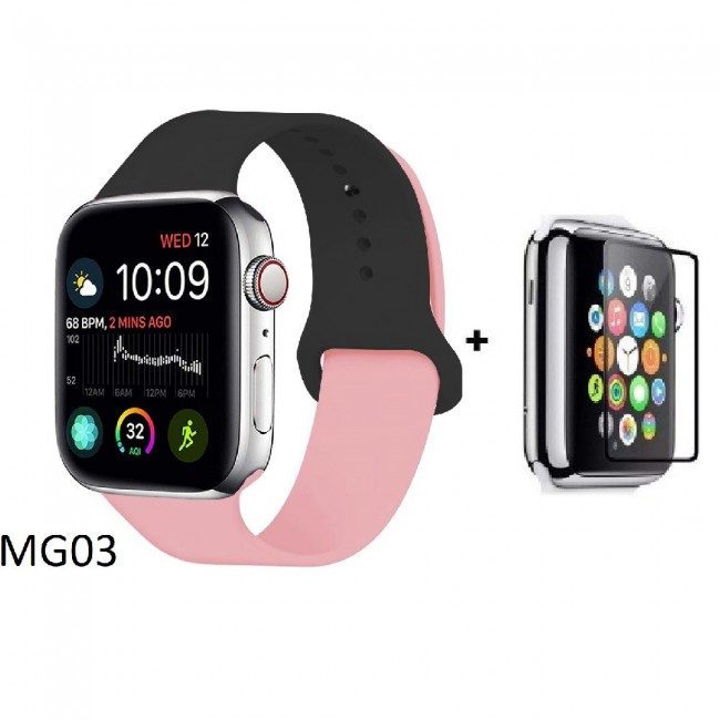 Margoun Soft Silicone 2-Color Apple Watch Band, Bracelet Wrist Belt Watchband for iWatch Series 1/2/3/4 with a Glass Screen Protector in 20 Color Codes – 42/44mm