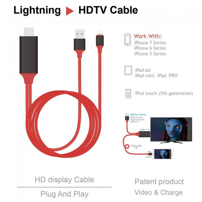 OTN-7575S Lightning to HDMI Cable HDTV Adapter 2m – Red