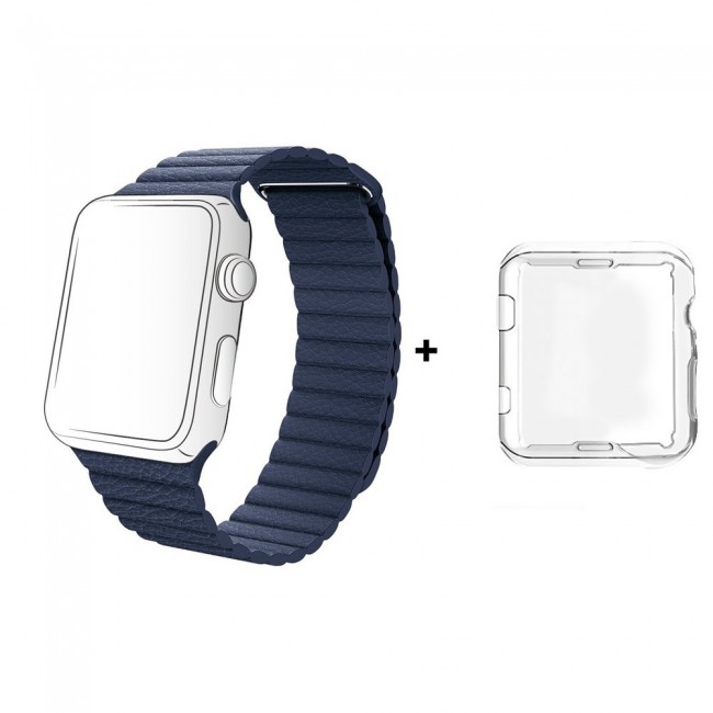 Margoun Leather Loop Apple Watch Band with Adjustable Magnetic Closure in White, Along with a Protective TPU Case - 42/44