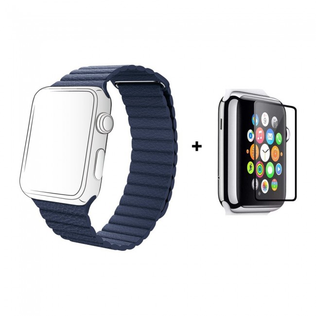 Margoun Leather Loop Band with Adjustable Magnetic Closure Along with a Glass Screen Protector for Apple Watch – In 7 Colors – 38/40/42/44mm