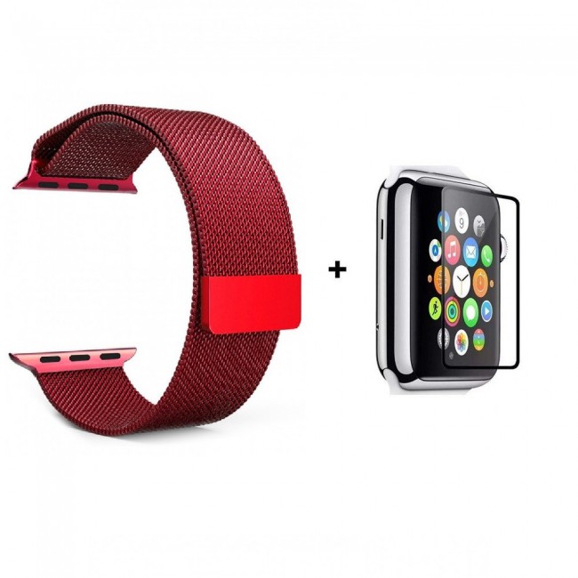 Apple Watch Band 42mm 44mm Milanese Loop Strap with a Glass Screen Protector - Red