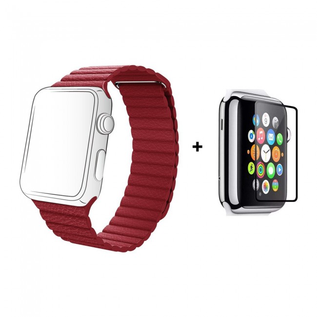 Margoun Leather Loop Band with Adjustable Magnetic Closure Along with a Glass Screen Protector for Apple Watch – In 7 Colors – 38/40/42/44mm