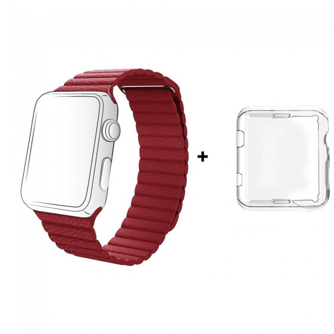 Margoun Leather Loop Apple Watch Band with Adjustable Magnetic Closure in White, Along with a Protective TPU Case - 42/44