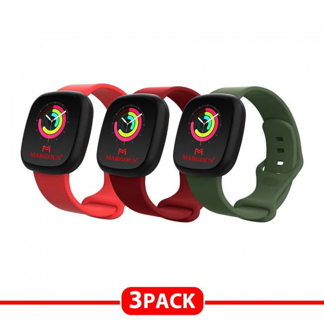 3Pack Silicone Rubber Infinity Band for Fitbit Versa 3 Medium-Long 230mm by Margoun - Dark Red Green Light Red