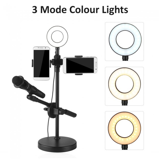 MARGOUN Microphone Holder 4 in 1 with 2 Cell Phone Holder Stand and Microphone Holder and Light for Live Streaming
