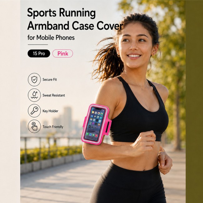 MARGOUN Ultra-Slim Sports Armband Compatible with iPhone 15 Pro  – Sweatproof Running Phone Holder, Exercise Case Pouch for Gym Training, Workouts and Outdoor Cycling - Pink