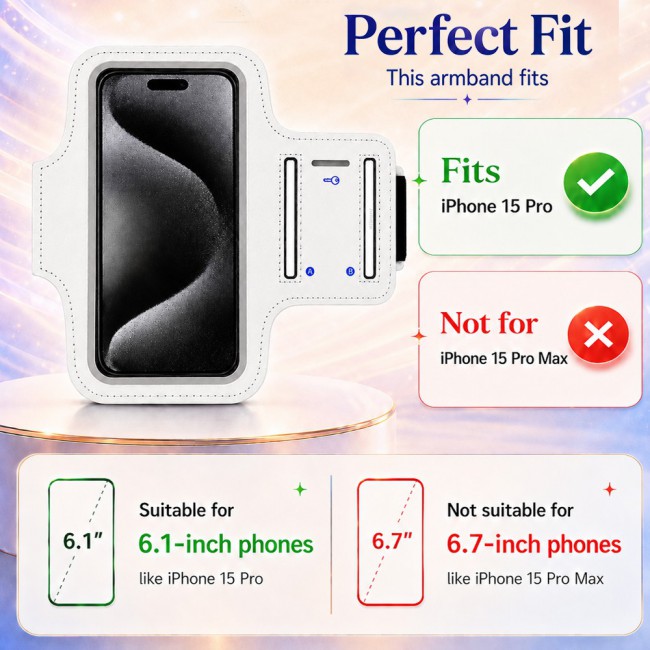 MARGOUN Ultra-Slim Sports Armband Compatible with iPhone 15 Pro  – Sweatproof Running Phone Holder, Exercise Case Pouch for Gym Training, Workouts and Outdoor Cycling - White