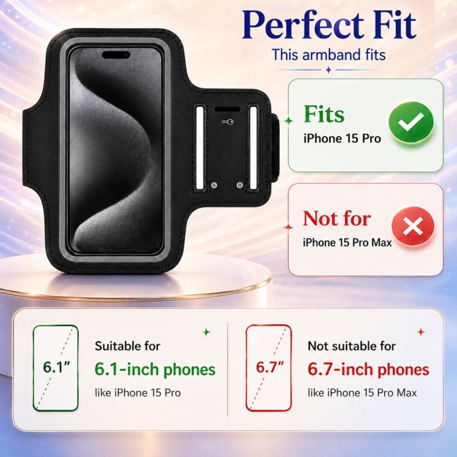 MARGOUN Ultra-Slim Sports Armband Compatible with iPhone 15 Pro  – Sweatproof Running Phone Holder, Exercise Case Pouch for Gym Training, Workouts and Outdoor Cycling - Black