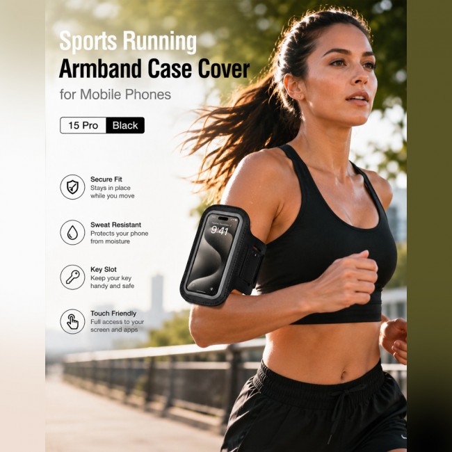 MARGOUN Ultra-Slim Sports Armband Compatible with iPhone 15 Pro  – Sweatproof Running Phone Holder, Exercise Case Pouch for Gym Training, Workouts and Outdoor Cycling - Black