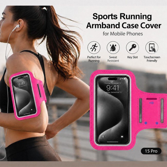 MARGOUN Ultra-Slim Sports Armband Compatible with iPhone 15 Pro  – Sweatproof Running Phone Holder, Exercise Case Pouch for Gym Training, Workouts and Outdoor Cycling - Pink