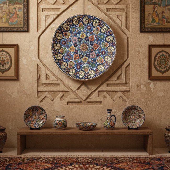 MARGOUN Decorative Wall Plate, Persian Handmade Ceramic Pottery Art, 36 cm Diameter, Wall Mounted Home Decor