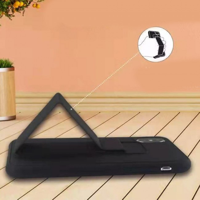iPhone X and XS - New Margoun Silicone Cover with 2 in 1 Finger Grip and Phone Stand - Black