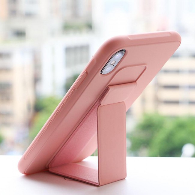 iPhone X and XS - New Margoun Silicone Cover with 2 in 1 Finger Grip and Phone Stand - Pink
