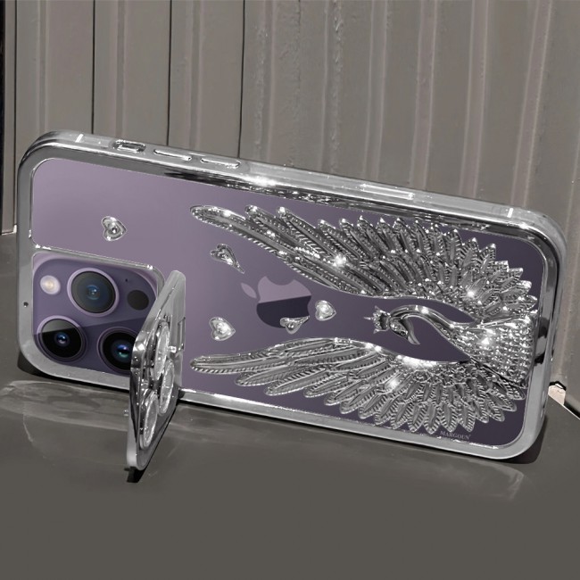 MARGOUN For iPhone 14 Pro Max Case Luxury Electroplate Diamond Angel Wings Glitter Clear Phone Cover (Silver, 14 Pro Max)