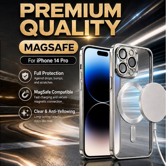 MARGOUN MagSafe Magnetic Clear for iPhone 14 Pro Case – Slim Shockproof Protective Cover with Bumper and Camera Lens Protection - Silver