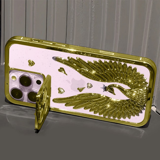 MARGOUN For iPhone 15 Pro Case Luxury Electroplate Diamond Angel Wings Glitter Clear Phone Cover (Gold, 15 Pro)