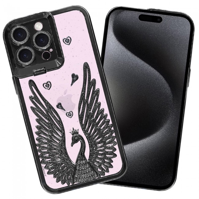 MARGOUN For iPhone 15 Pro Case Luxury Electroplate Diamond Angel Wings Glitter Clear Phone Cover (Black, 15 Pro)