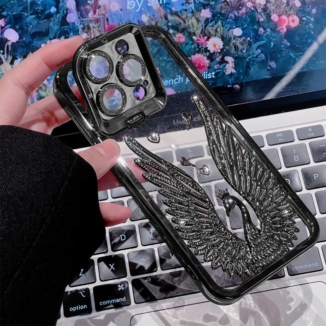 MARGOUN For iPhone 15 Pro Case Luxury Electroplate Diamond Angel Wings Glitter Clear Phone Cover (Black, 15 Pro)