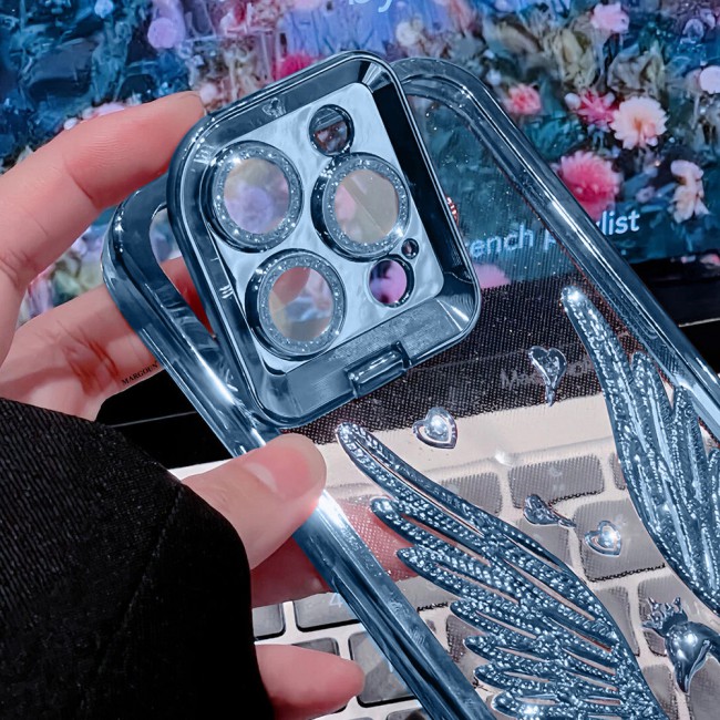 MARGOUN For iPhone 15 Pro Max Case Luxury Electroplate Diamond Angel Wings Glitter Clear Phone Cover (Blue, 15 Pro Max)
