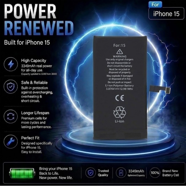 Margoun Replacement Battery for iPhone 15 , High Capacity Li-ion Internal Battery Cell