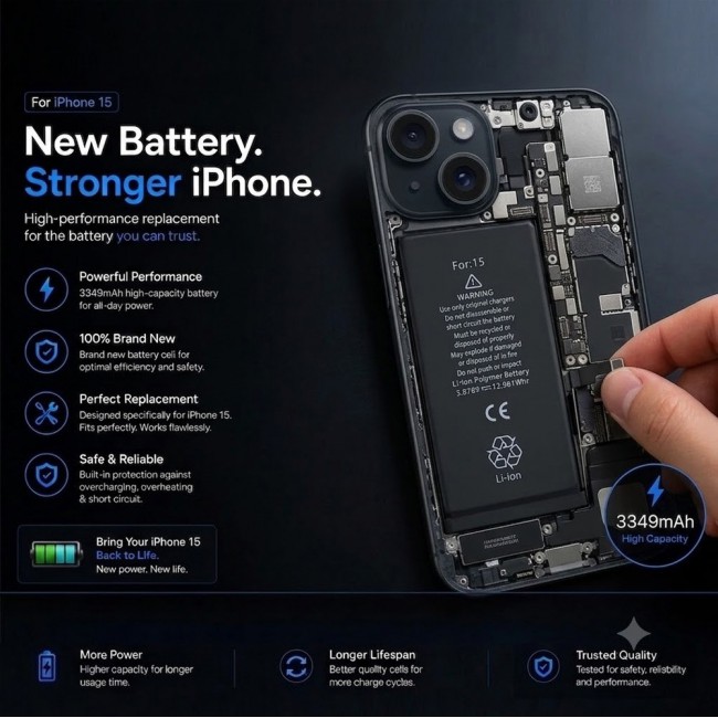 Margoun Replacement Battery for iPhone 15 , High Capacity Li-ion Internal Battery Cell