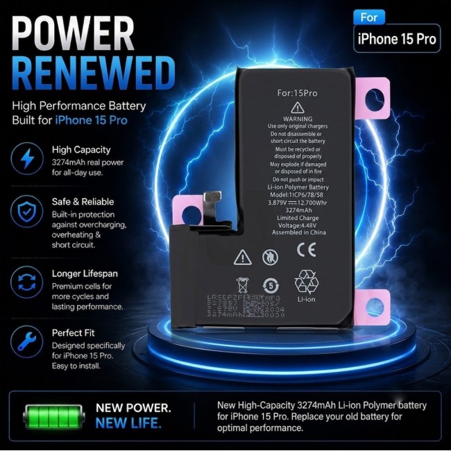 Margoun Replacement Battery for iPhone 15 Pro , High Capacity Li-ion Internal Battery Cell