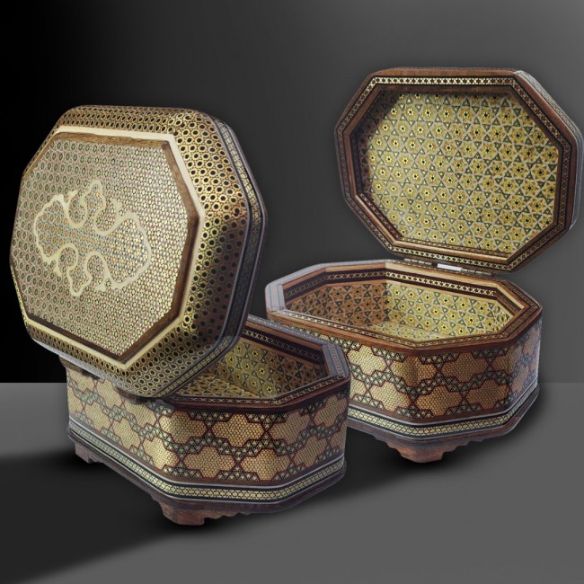 MARGOUN Persian Handmade Khatamkari Inlaid Wooden Jewelry Box, Octagonal Decorative Keepsake Box, Authentic Middle Eastern Marquetry Art, 17x13x11 cm