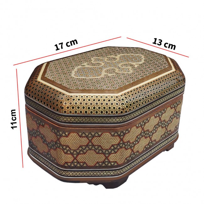 MARGOUN Persian Handmade Khatamkari Inlaid Wooden Jewelry Box, Octagonal Decorative Keepsake Box, Authentic Middle Eastern Marquetry Art, 17x13x11 cm